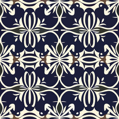 Blue and white leafy art nouveau pattern for fabrics and designs.