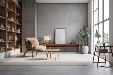 Interior of a living room with a concrete floor, a comfortable armchair, a coffee table, a grey carpet, and a bookcase. minimalist design principle. a mockup. Generative AI