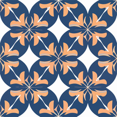 Fototapeta na wymiar Blue and orange flower pattern on white background. Repeating fabric pattern with art deco influence.