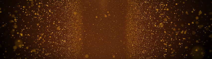 Banner gold particles abstract background with shining golden floor particle stars dust.Beautiful futuristic glittering in space on black background.