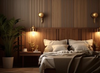 Stylish golden lamp and stationery on wooden nightstand in bedroom. Interior element. Created with Generative AI technology.