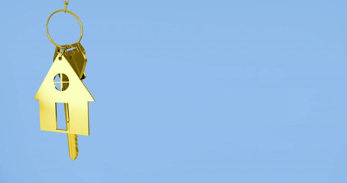 Animation of golden house keys against copy space on blue background