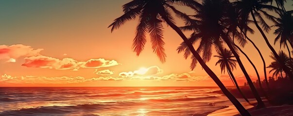 Fototapeta na wymiar Beauty of beach oceans and romantic sunsets. Majestic palm trees, sunsets and beautiful seascape in paradise