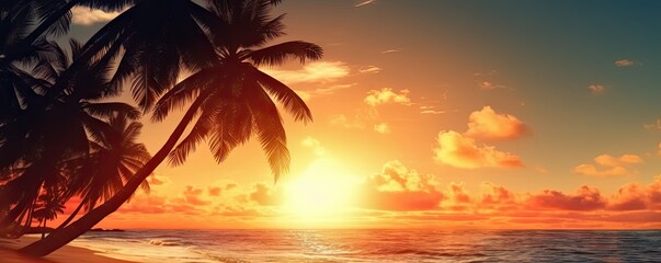 Obraz na płótnie Canvas Beauty of beach oceans and romantic sunsets. Majestic palm trees, sunsets and beautiful seascape in paradise