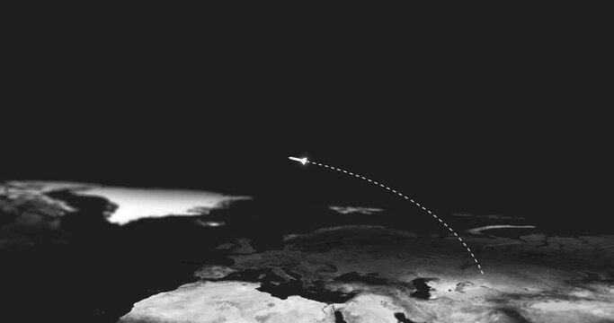 Rocket, attack and animation of missile launch on black background for war, international conflict and military. Illustration of trajectory path of nuclear weapon or atomic bomb to target country