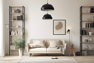 Interior of a light beige living room with parquet flooring. Sofa, coffee table, black pendant lamp, cupboard with three open shelves, and mockup framed banner are all present. Generative AI