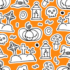 Fototapeta premium Doodle Halloween seamless pattern. Hand-drawn autumn pumpkin, grave, skull, witch hat on orange background. Cute scary horror sticker for fall holiday Day of the Dead. Vector color spooky illustration