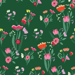 Seamless pattern with spring bright flowers. Vector illustration