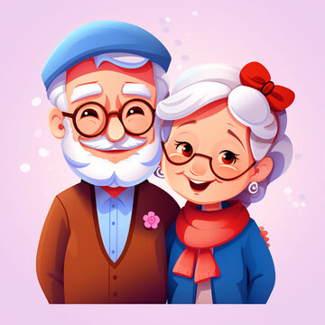 Cute Senior couple cartoon illustration - ai generative