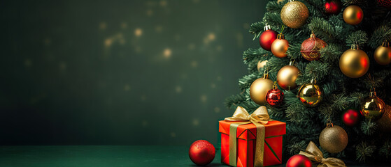 Decorated Christmas tree closeup with gift box, banner with copy space, ai generative