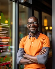 Fototapeta premium Proud Small Business Male Owner in Front of Modern Fast Food Storefront. Generative AI.