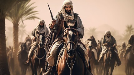 ancient arab background design, moments soldiers arabian before entering the battleground - obrazy, fototapety, plakaty