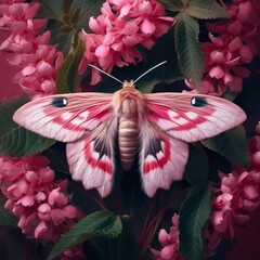 Pink moth sits on pink flowers. Generative AI.