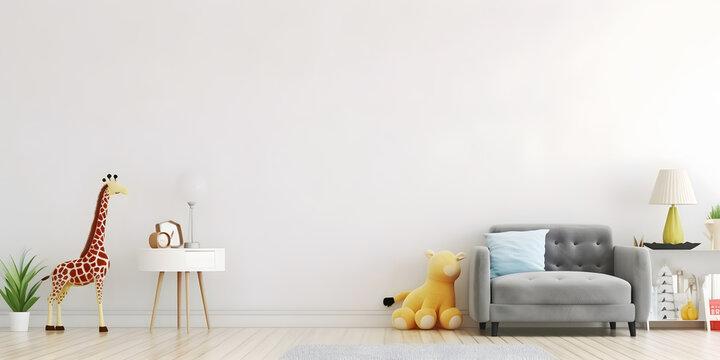 Interior childish home design. Minimalistic living room decoration. AI generated.