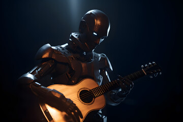 AI robot musician playing guitar. Futuristic entertainment on stage. AI generated