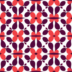 Charming red and purple fabric pattern with aizome inspired peppermint motifs on white background.