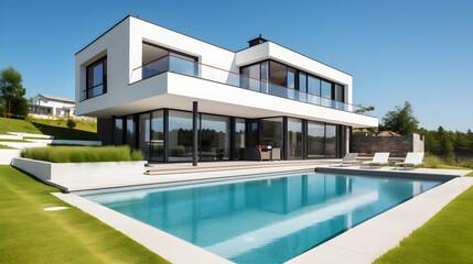 Fototapeta na wymiar Modern big house with pool with blue sky created with Generative AI