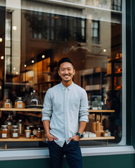 Fototapeta na wymiar Proud Small Business Owner at Modern Coffee Shop. Generative AI.