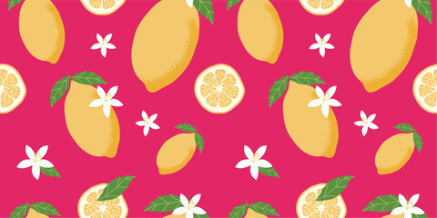 Seamless pattern with lemon. Summer background. Flat cartoon style. Hand drawn.