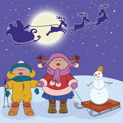 Obraz na płótnie Canvas Vector Christmas card - funny cartoon boy on skis and a girl with a sled on which a snowman sits look at the silhouette of Santa's team flying across the sky.
