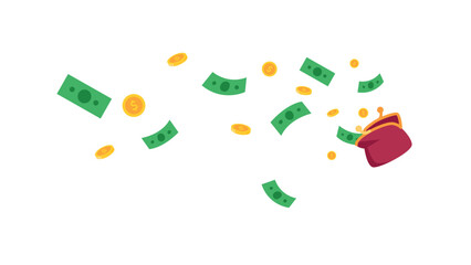 coins and banknotes fly out of a woman's wallet
