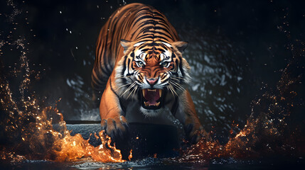 Roaring tiger crossing the stream. AI generated
