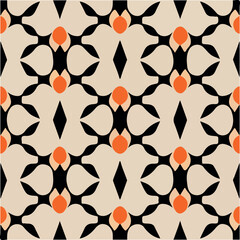 Orange and black art deco pattern on white. Googie motifs repeat.