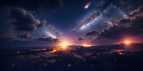 Naklejka premium A meteor shower that falls into the earth's atmosphere and onto its surface, leaving a trail in the sky.