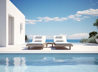 Fototapeta na wymiar The edge Luxury swimming pool with white fashion deckchairs on the beach., Exterior design. Created with Generative AI technology.