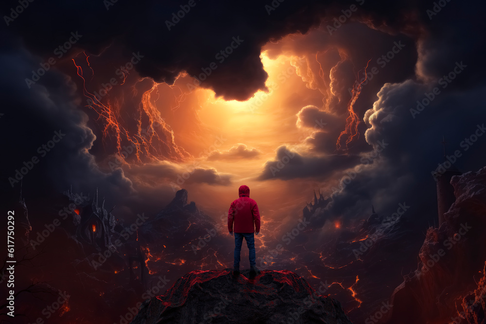 Canvas Prints man observes an epic landscape with flames and stormy. ai generative