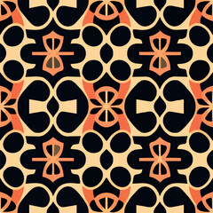 Bold black and orange pattern featuring circles and letters, inspired by art deco and versace, creates an abstract allure.