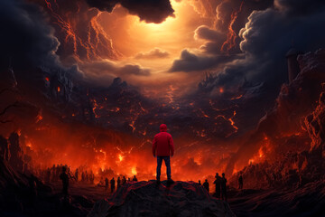 Man observes an epic landscape with flames and stormy. AI generative