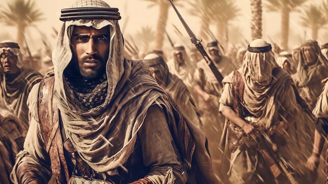 ancient arabic background design, moment of arab soldier in battle field