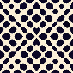 Playful black and white hearts, charming seamless design with varying dots.