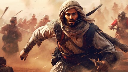 ancient arabic background design, moment of arab soldier in battle field