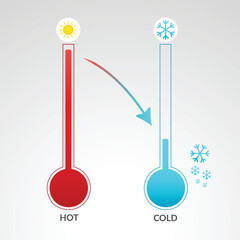 Thermometers measuring heat and cold, vector illustration. Thermometer equipment showing hot or cold weather.