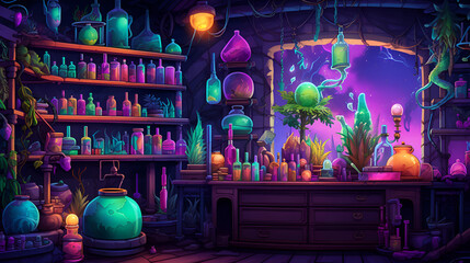 Witch or wizard alchemical laboratory with magic books and potions with mystic glow at night. Alchemist lab interior with wooden furniture. AI illustration. For games and mobile applications.