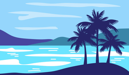 Fototapeta na wymiar Cartoon flat panoramic landscape with the palms on colourful background. Vector illustration.