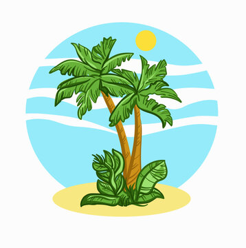 Cartoon flat panoramic landscape with the palms. Vector illustration.