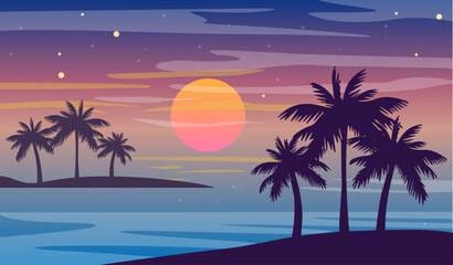 Cartoon flat panoramic landscape, sunset with the palms on colourful background. Vector illustration.