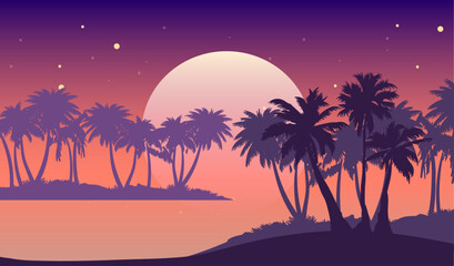Cartoon flat panoramic landscape, sunset with the palms on colourful background. Vector illustration.