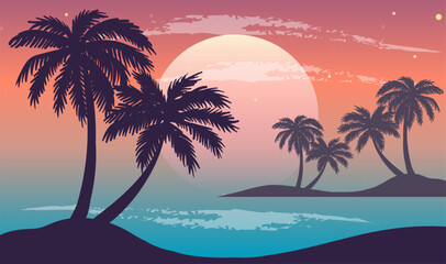 Cartoon flat panoramic landscape, sunset with the palms on colourful background. Vector illustration.