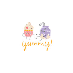 Naklejka premium Cupcake and baby Milk box friendly card cute smile. Hand drawn nursery cartoon doodle kawaii dessert character. Childish vector illustration in a simple naive style. Perfect for printing.