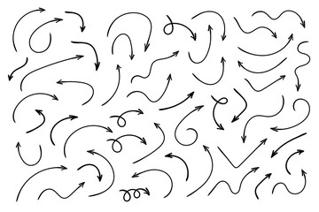Hand drawn curved arrows . Sketch doodle style. Collection of pointers.