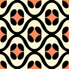 Captivating black and white abstract pattern on vibrant orange background.
