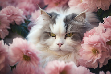 Beautiful cat with long fur between pink peony flowers. 