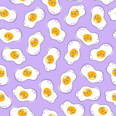 Fried egg seamless pattern cute smile. Hand drawn nursery cartoon doodle kawaii breakfast character. Childish vector illustration in a simple naive style. Perfect for printing.