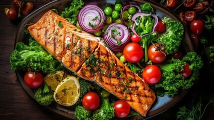 Grilled salmon fish fillet and fresh green leafy vegetable salad with tomatoes, red onion and broccoli - obrazy, fototapety, plakaty