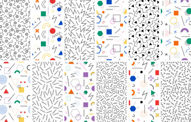 Set of seamless memphis patterns. Minimalistic geometric endless background on white.