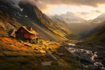 house in the mountains at sunset